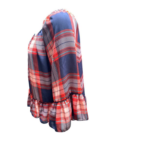 Copper Key Juniors XS Bell Sleeve Plaid Off Shoulder Ruffle Boho Blouse - Picture 2 of 10